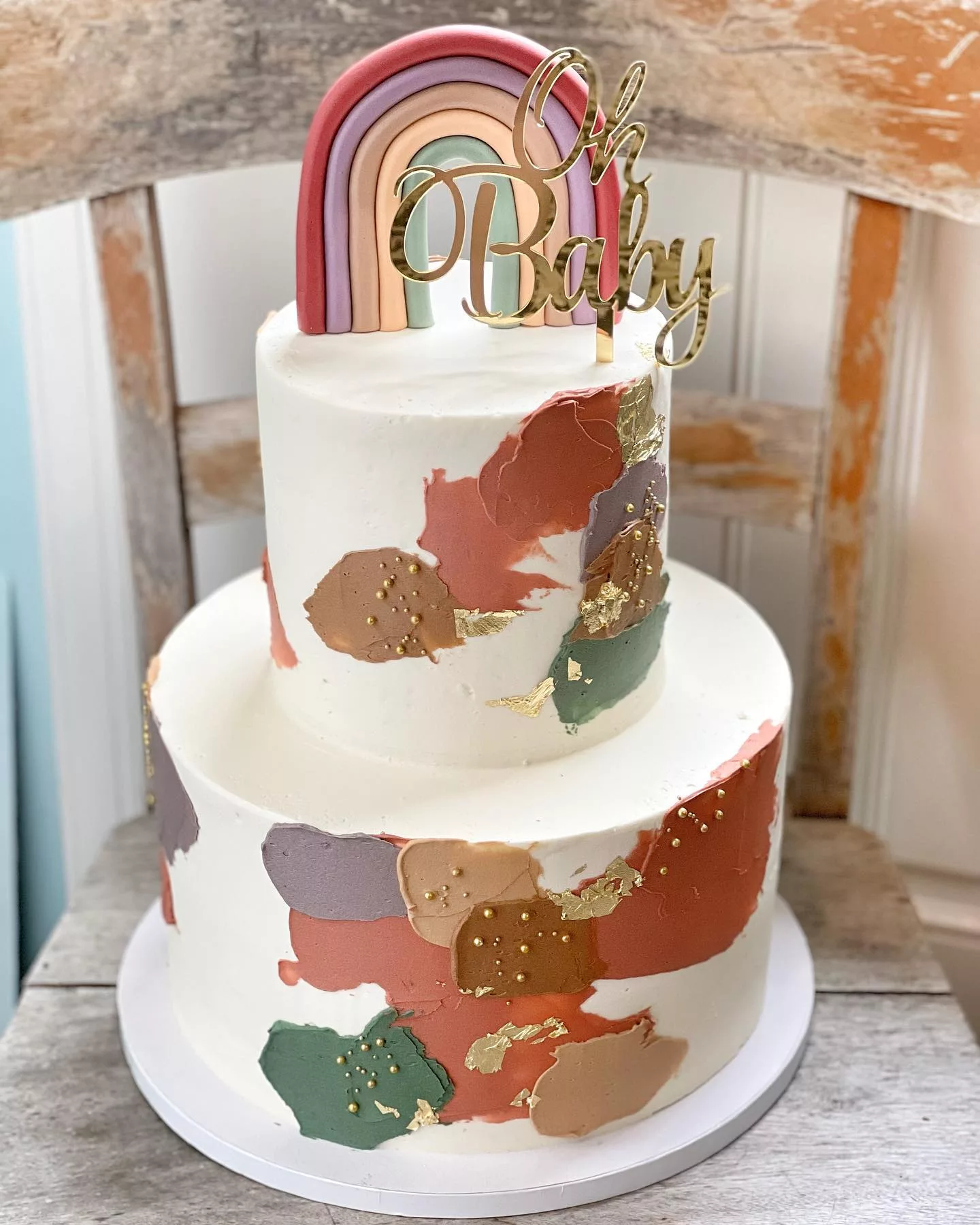 classy boho abstract color swatches muted rainbow baby shower cake